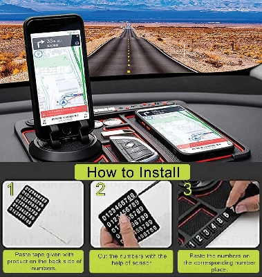 Picture of Car Dashboard Anti Slip Phone Mat with 360 Degrees Rotating Phone Holder Non-Slip Multifunctional 6 in 1 Anti-Skid Phone Mat with Parking Numbers for Coins Keys Cell Phones