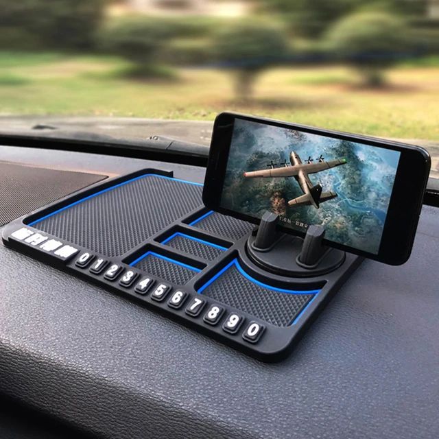 Picture of Car Dashboard Anti Slip Phone Mat with 360 Degrees Rotating Phone Holder Non-Slip Multifunctional 6 in 1 Anti-Skid Phone Mat with Parking Numbers for Coins Keys Cell Phones - Blue & Black