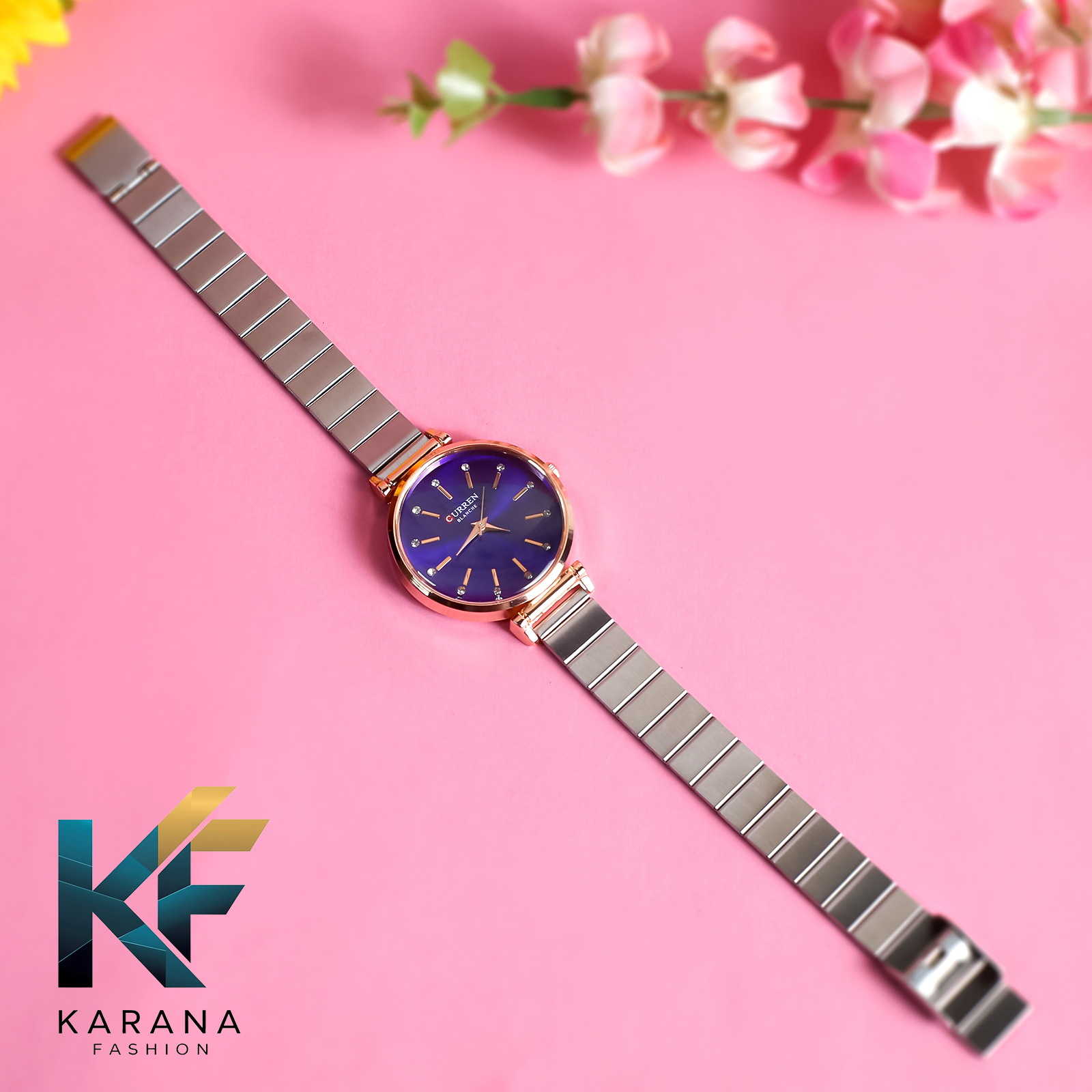 Picture of Curren Fashionable white & pink dial Luxury 
Quartz premium steel chain Watch for women