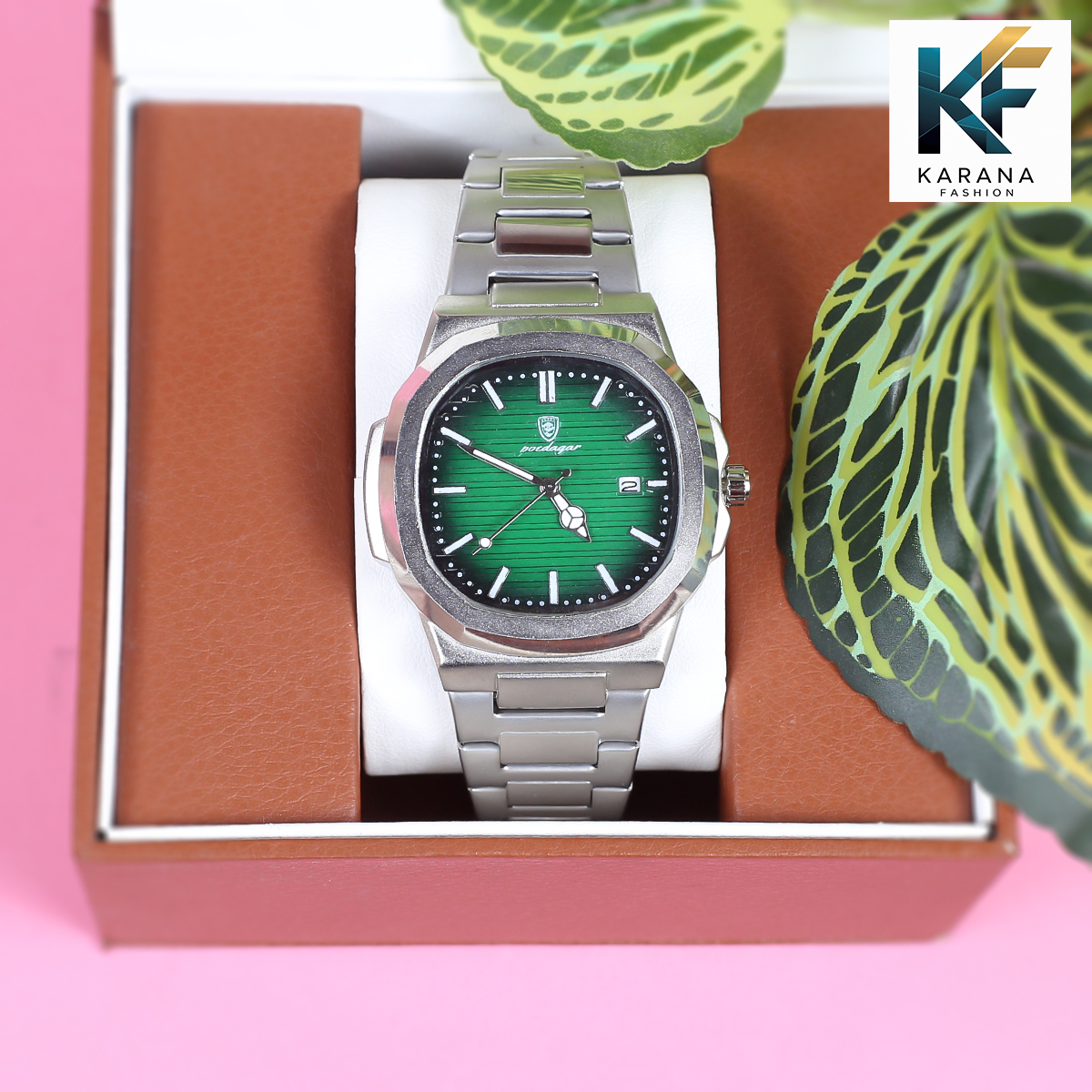 Picture of Poedagar 613 square quartz stainless steel green dial analogue watch for men