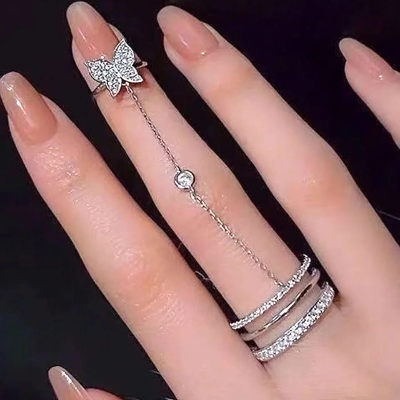 Picture of Fashionable Trendy Butterfly Long Chain Rings for Girls - Multilayer Rhinestone Open Finger Ring for Women - Korean Style Trendy Jewelry for Women( Silver )