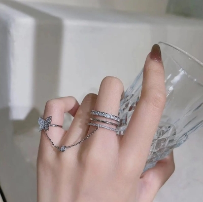 Picture of Butterfly  Double Finger Chain Rings For Women - Ring SIlver Color( Silver )
