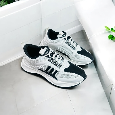 Picture of New Best Collection 2025 Comfortable Stylish & Fashionable Sports Look, Lace Up, Slip-on & Pull-on, Light Weight - White and Black Color Combination Sneaker For Men - Perfect For Any Occasion