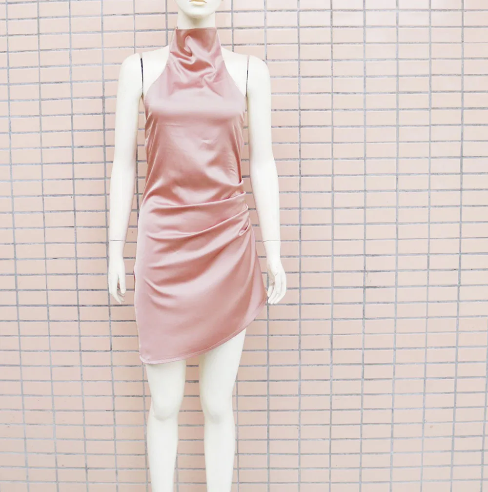 Picture of Women Satin Halter Neck Backless Sleeveless Irregular Mini Midi Dress 20262 All Season Se-xy Party Clubwear Dresses (Rose )