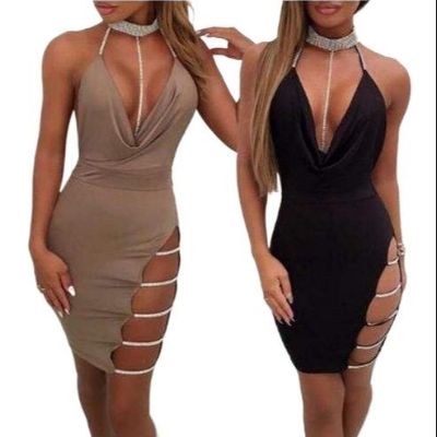 Picture of Women's Deep V Neck Bacekless Halter Slit Lace Up Mini Club Dress