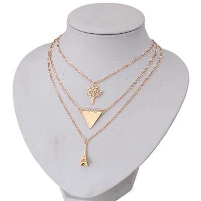 Picture of Eiffel Tower, Tree, Geometric pendant with Necklace Fashion Jewellery - Golden (Gold )
