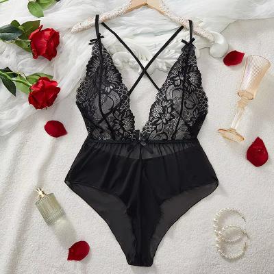 Picture of One Piece Lace Transparent Sleeveless Summer Lingerie Set (Black )