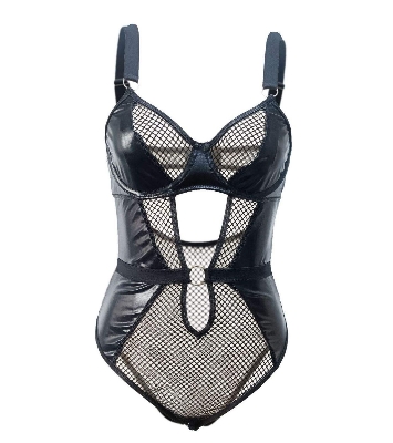 Picture of Women One-Piece Pu Lather Se-xy Uniform Clothing Polyester Mesh Material Girls Lingerie Set (Black )