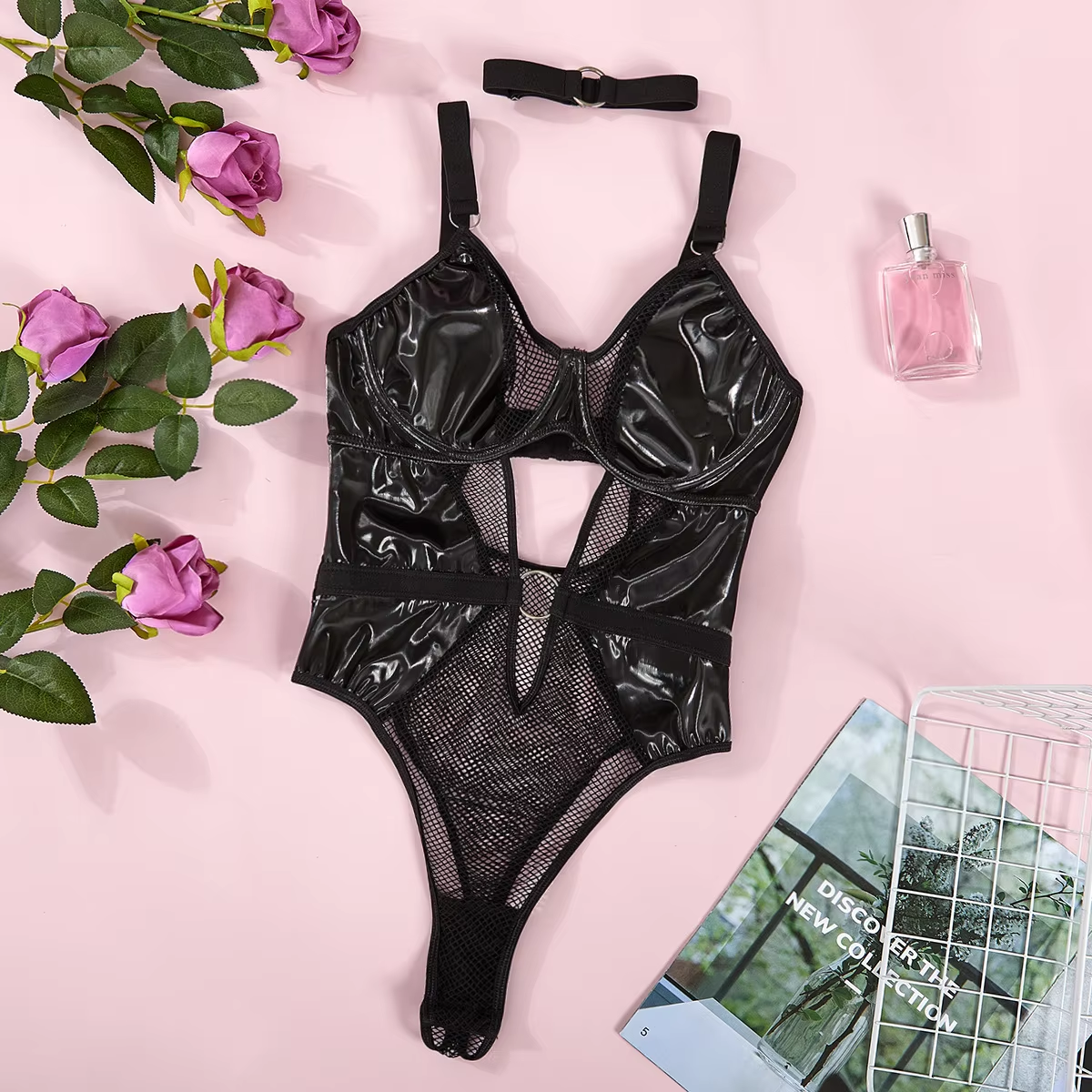 Picture of Women One-Piece Pu Lather Se-xy Uniform Clothing Polyester Mesh Material Girls Lingerie Set (Black )