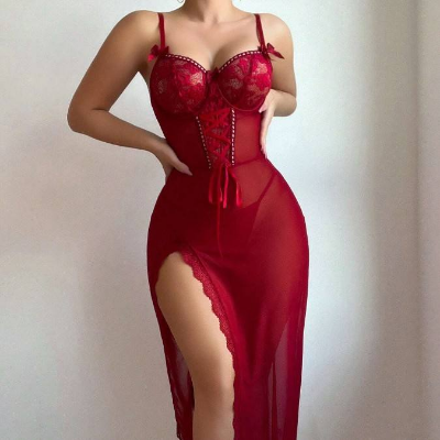 Picture of Suspender Lace Waist Embroidered Hollow Out Transparent Se-xy Mesh Long Skirt Set for Women (Red )