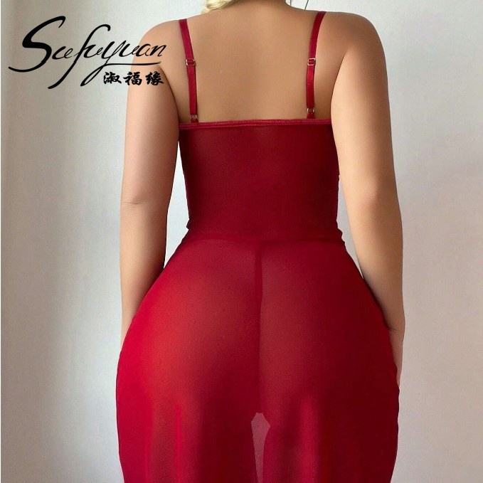 Picture of Suspender Lace Waist Embroidered Hollow Out Transparent Se-xy Mesh Long Skirt Set for Women (Red )