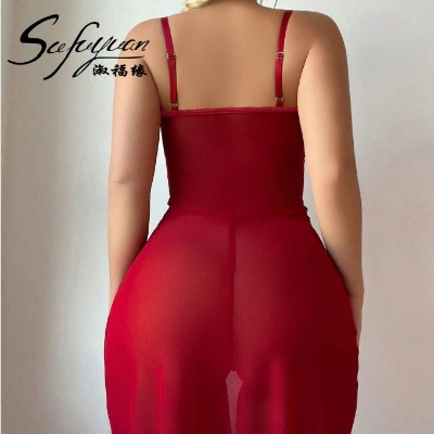 Picture of Suspender Lace Waist Embroidered Hollow Out Transparent Se-xy Mesh Long Skirt Set for Women (Red )
