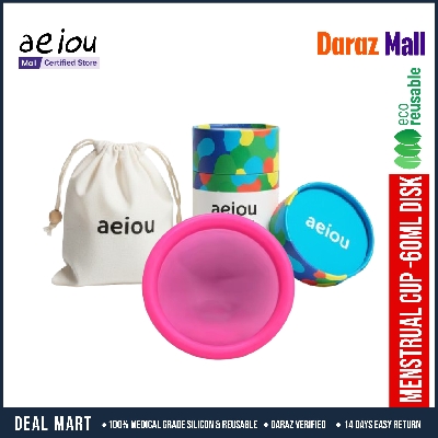 Picture of AEIOU 100% Platinum Grade Medical Silicon Reusable Menstrual Cup Medical Production Line Case  for Women | Size Disc  | Purple | 60 ML | Large Size | Pad (Medium )