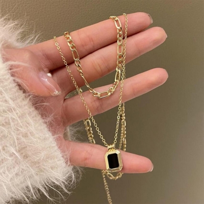 Picture of Fashion Black Square Pendant Necklace Gold Plating Double Layer Square Pendant Necklace Chains Stainless Steel Necklace For Women Girls Jewelry( Gold )