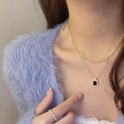 Picture of Double Layer Black Shell Square Necklaces Gold Plated Stainless Steel Necklace For Women Girls( Gold )