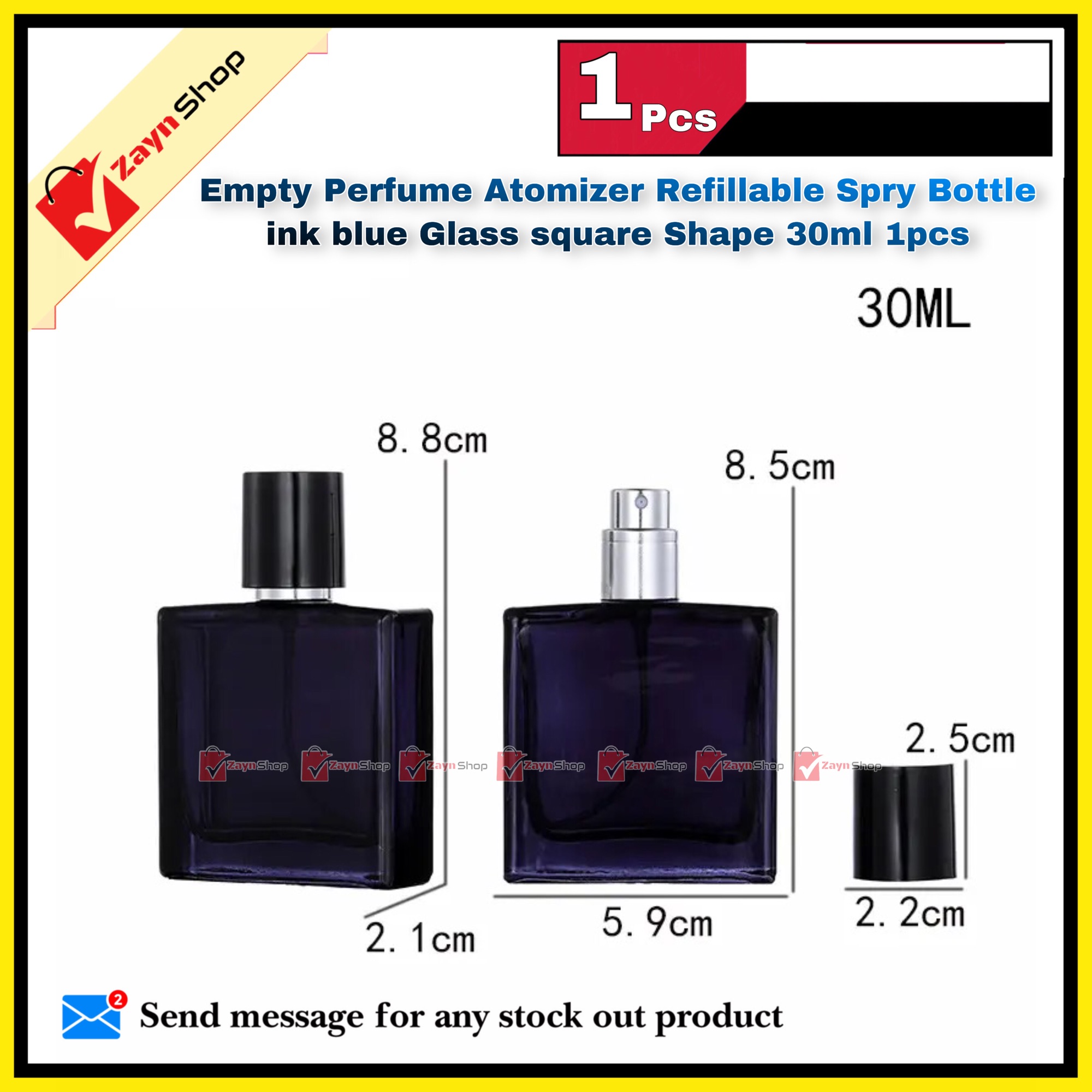 Picture of Empty Perfume Atomizer Refillable Spry Bottle  ink blue Glass square Shape 30ml 1pcs