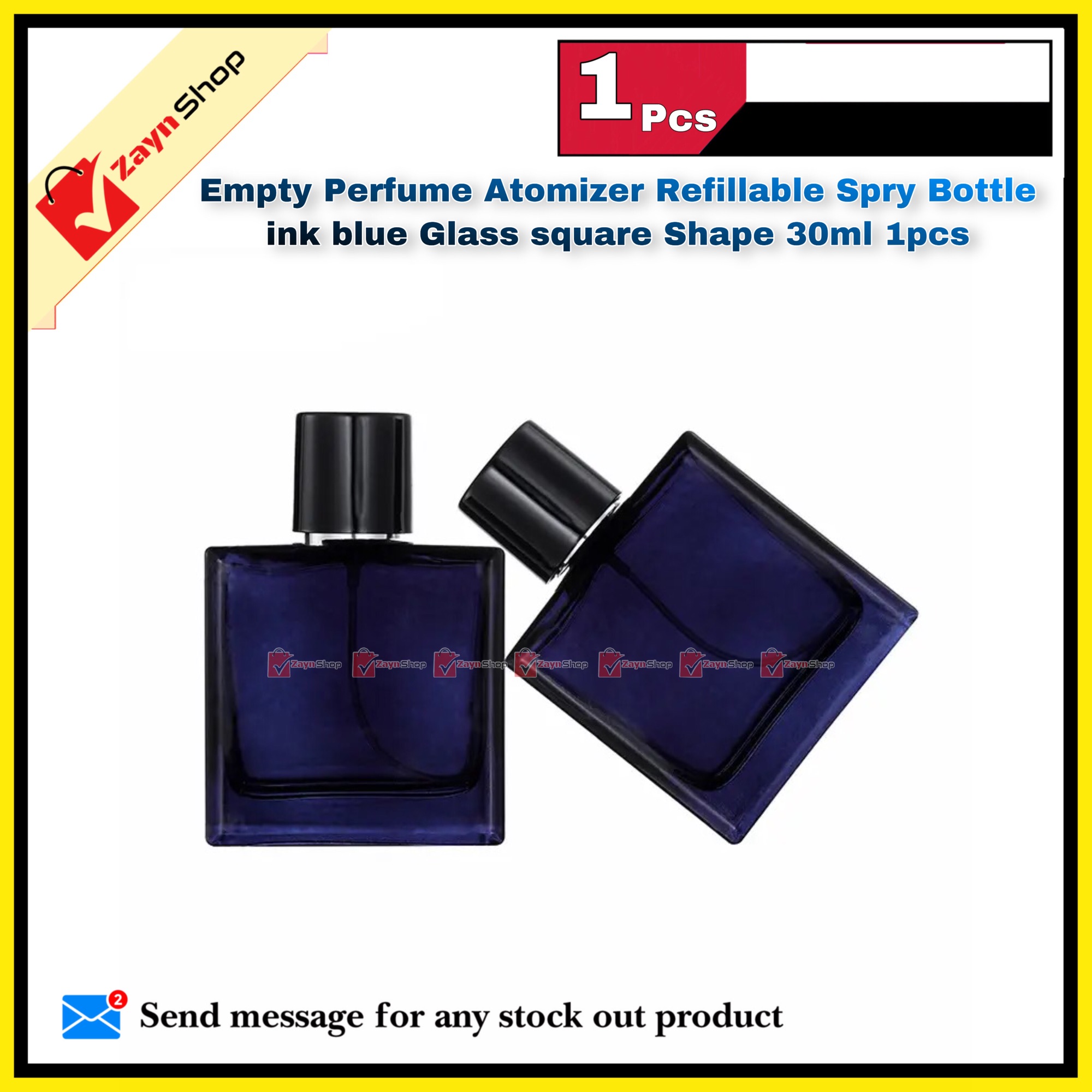 Picture of Empty Perfume Atomizer Refillable Spry Bottle  ink blue Glass square Shape 30ml 1pcs