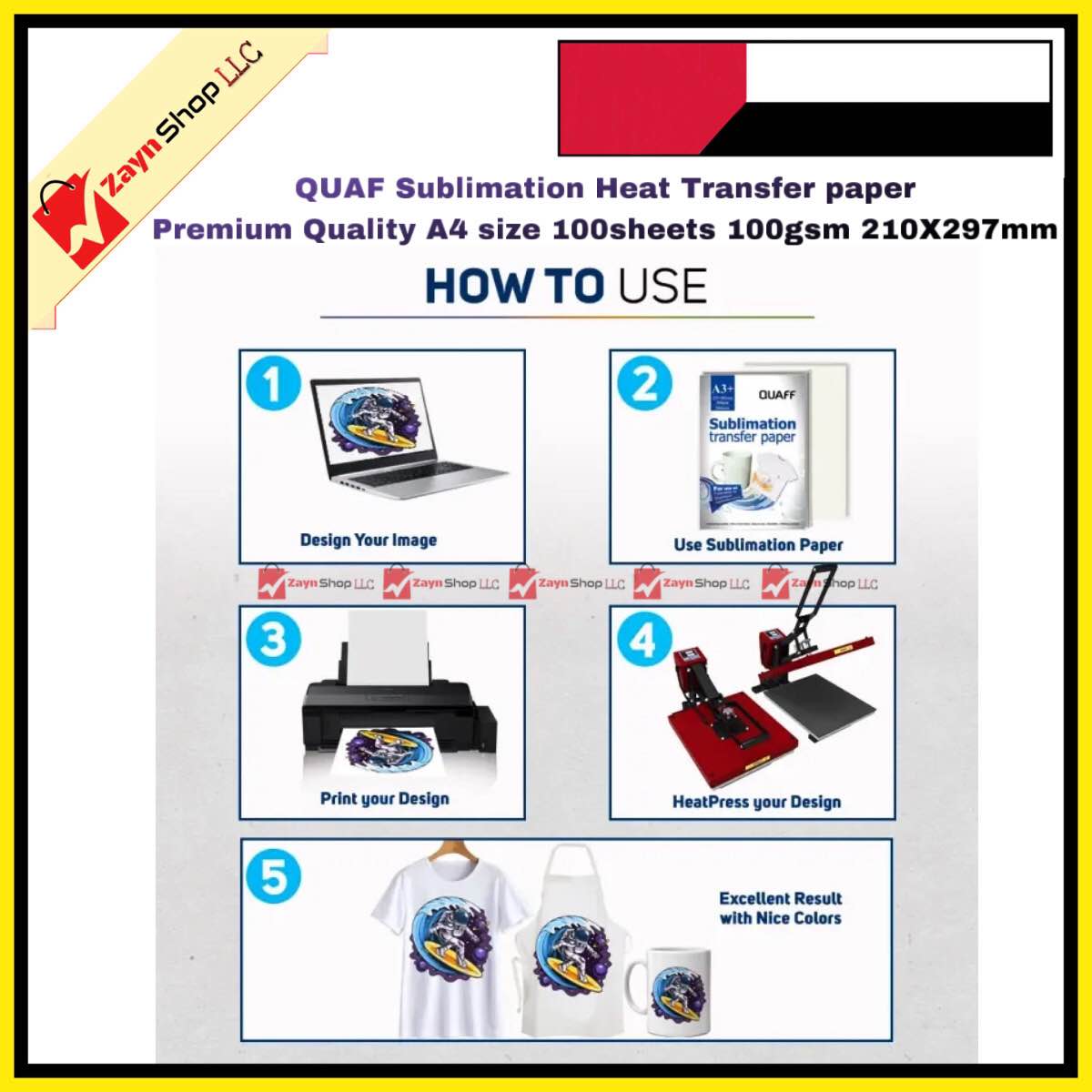 Picture of QUAF Sublimation Heat Transfer paper Premium Quality A4 size 100sheets 100gsm 210X297mm