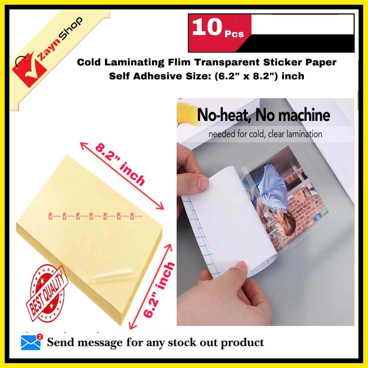 Picture of Cold Laminating Flim Transparent Sticker Paper Self Adhesive Size (6.2x8.2) inch Pack of 10 Sheets