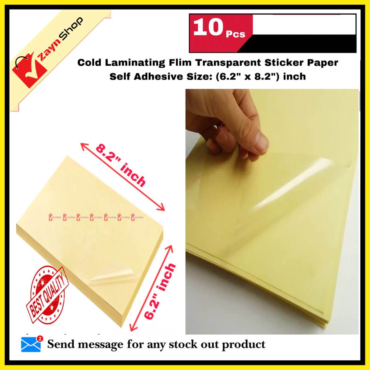 Picture of Cold Laminating Flim Transparent Sticker Paper Self Adhesive Size (6.2x8.2) inch Pack of 10 Sheets
