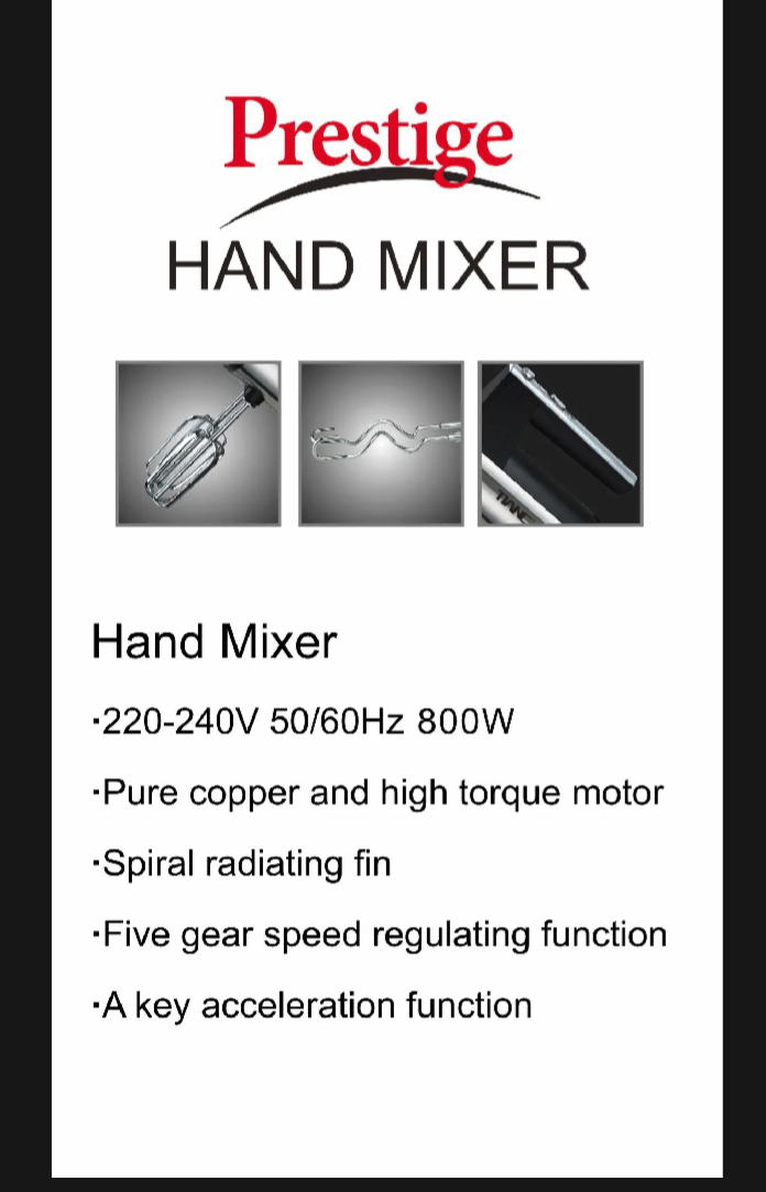 Picture of Prestige Hand Mixture Stainless Steel Body 800 watts Household Electric Egg Beater, Baking Tools, Cake Beater, Handheld Egg Beater Fast Luxury design Heavy Duty Multi-Functional Electric Egg beater Automatic Cream Whip Stirrer(Silver)