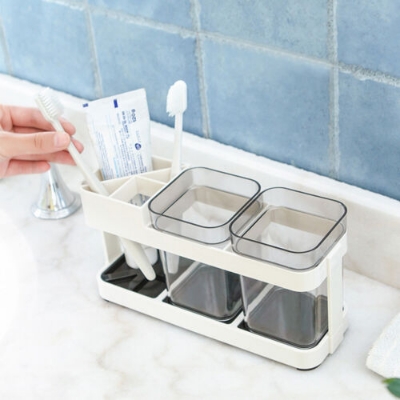 Picture of 2 CUPS With 1 TOOTHBRUSH HOLDER STAND TOOTHPASTE STORAGE RACK REMOVABEL STORAGE ORGANIZER ( White )