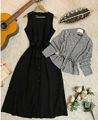 Picture of New Spring Autumn Women Long Spaghetti Strap Dress A-Line Corduroy Dresses Female French Style Vintage Tank Dress ( Black )