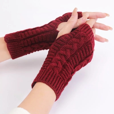 Picture of PHOGARY Winter Fingerless Gloves for Women – Warm Knitted Arm Warmers, Faux Fur Crochet Mittens, Wrist Gloves with Finger Holes for Autumn & Winter ( Rose Red )