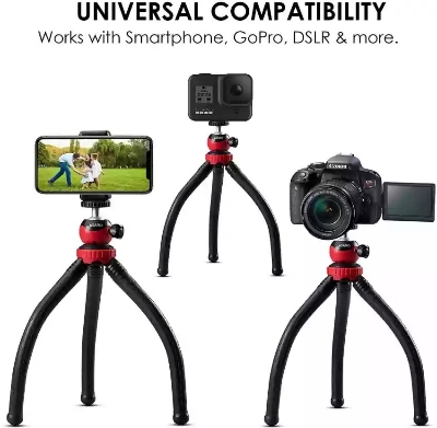 Picture of Flexible Gorillapod Tripod with 360° Rotating Ball Head Tripod for All DSLR Cameras(Max Load 1.5 kgs) & Mobile Phones + Free Heavy Duty Mobile Holder(Black) (12 Inch, Black and Red) ( Black )