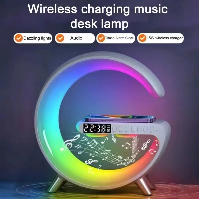 Picture of Wireless Charging Light Up Speaker G Shape LED Wireless Table Speaker Color Changing Alarm Clock Charger Stand Bedside Light (Charging only For Iphone) ( Clear )