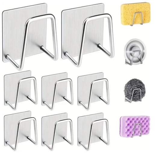 Picture of 1Pcs- Kitchen Sink Sponge Rack Drain Storage Holder Self Adhesive Stainless Steel Wire Ball Rag Brush Organizer Wall Hooks(Silver)