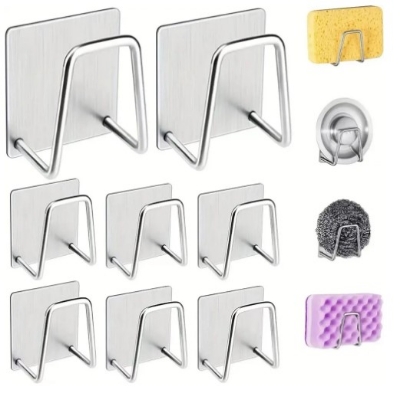 Picture of 1Pcs- Kitchen Sink Sponge Rack Drain Storage Holder Self Adhesive Stainless Steel Wire Ball Rag Brush Organizer Wall Hooks(Silver)