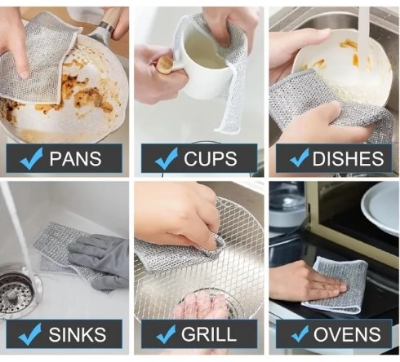 Picture of Rust Removal Cleaning Cloth Kitchen Magic Dishwashing Towel Metal Steel Brush double -layer Non Stick Oil Dishrag Magic Coffee Stain Pan Rag Kitchen Cleaning Supplies single layer(Silver)