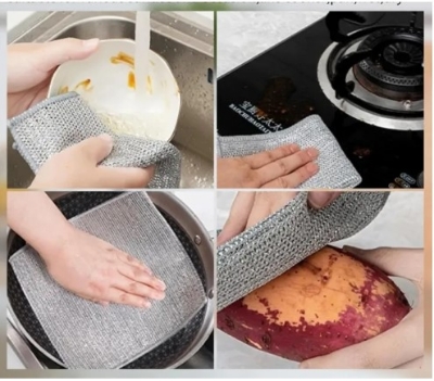 Picture of Rust Removal Cleaning Cloth Kitchen Magic Dishwashing Towel Metal Steel Brush double -layer Non Stick Oil Dishrag Magic Coffee Stain Pan Rag Kitchen Cleaning Supplies single layer(Silver)