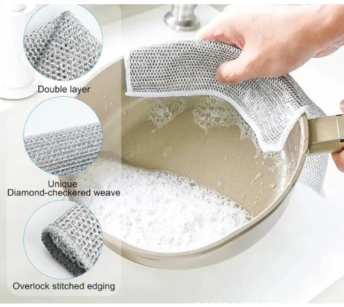 Picture of Rust Removal Cleaning Cloth Kitchen Magic Dishwashing Towel Metal Steel Brush double -layer Non Stick Oil Dishrag Magic Coffee Stain Pan Rag Kitchen Cleaning Supplies single layer(Silver)