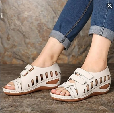 Picture of Summer Casual Vintage Wedge Platform Sewn Leather Slip-On Ladies Sandals