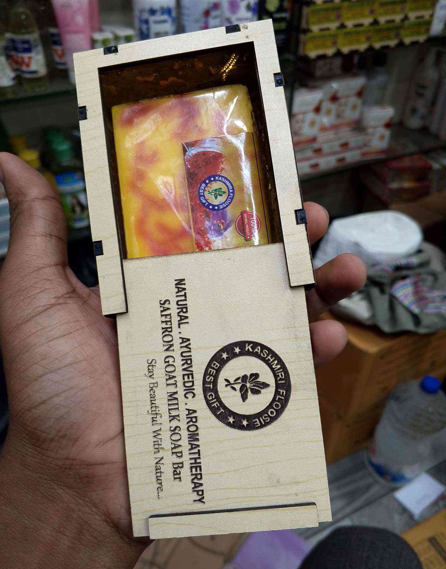 Picture of Jafran hand made goat milk soap with wooden box -100gm