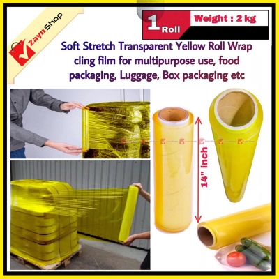 Picture of Wrapping poly Plastic Soft Stretch Yellow Wrap 14 inch 1 Roll 2 Kg Strong Stretch Wrap Cling Film for Food Packing / Luggage Packing / Box Wrapping etc