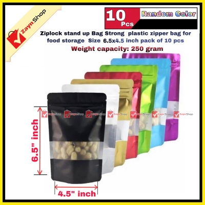 Picture of Ziplock stand up Bag weight capacity 250gram Strong plastic zipper bag for food storage Size 6.5x4.5 inch Random Color pack of 10 pcs(Multicolor)