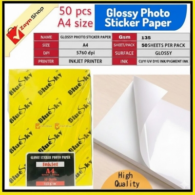 Picture of Sticker Photo Paper Glossy Self Adhesive A4 size 135gsm Pack of  50 Pcs for Inkjet printer