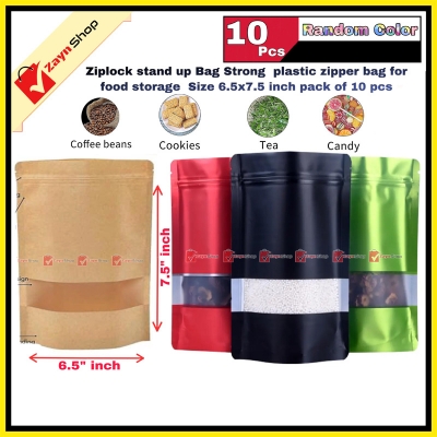 Picture of Ziplock stand up Bag weight capacity 500gram Strong plastic zipper bag for food storage Size 6.5x7.5 inch pack of 10 pcs Random Color