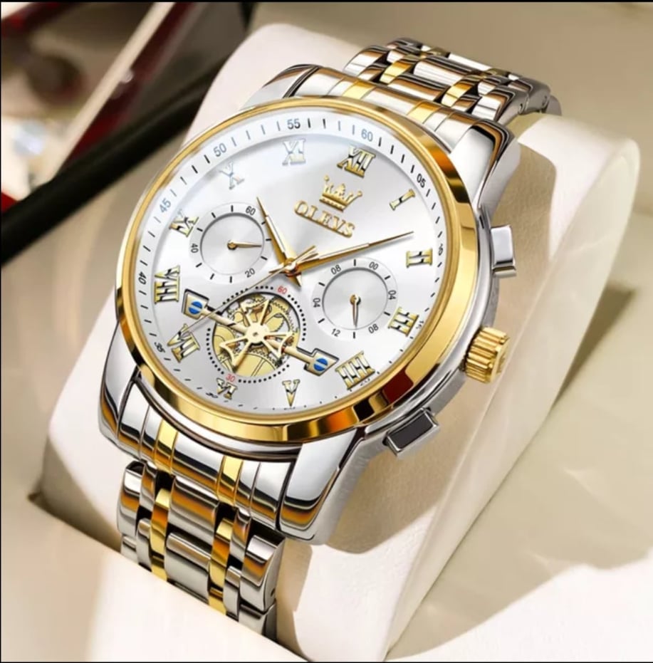 Picture of Olevs Top Brand Silver & Golden Two Tone Stainless Steel Chronograph Wrist Watch For Men - Watch For Men ( Gold )