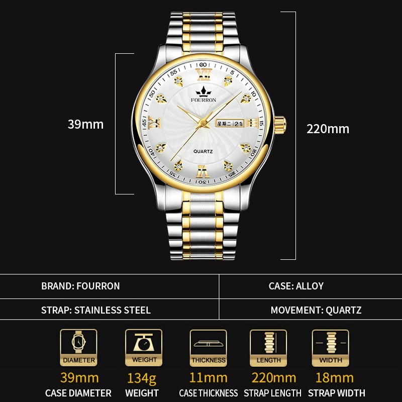 Picture of FOURRON Fashion Men's Waterproof Wristwatch Business Luminous Calendar Stainless Steel Strap Quartz Watch For Men