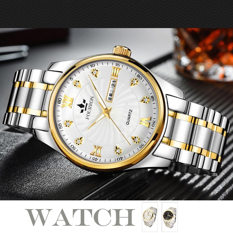 Picture of FOURRON Fashion Men's Waterproof Wristwatch Business Luminous Calendar Stainless Steel Strap Quartz Watch For Men
