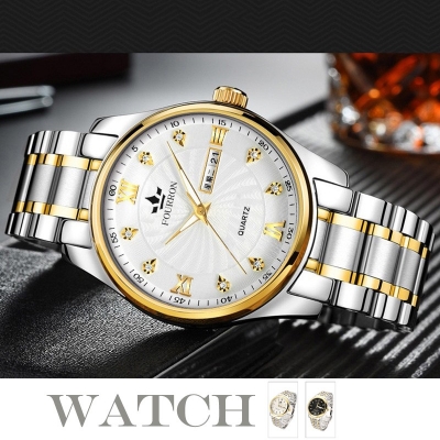 Picture of FOURRON Fashion Men's Waterproof Wristwatch Business Luminous Calendar Stainless Steel Strap Quartz Watch For Men