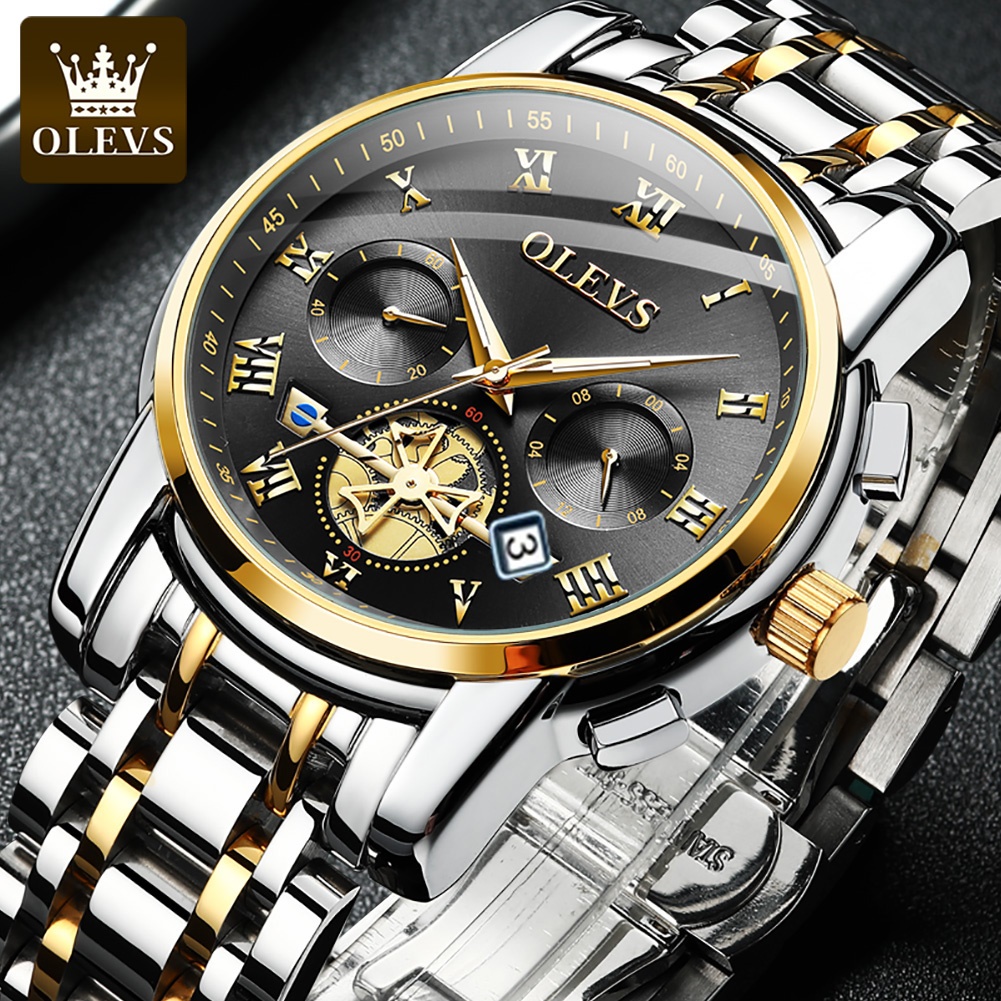 Picture of Olevs Top Brand Silver & Golden Two Tone Stainless Steel Chronograph Wrist Watch For Men - Watch For Men