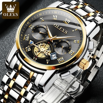 Picture of Olevs Top Brand Silver & Golden Two Tone Stainless Steel Chronograph Wrist Watch For Men - Watch For Men