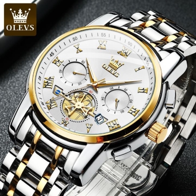 Picture of Olevs Top Brand Silver & Golden Two Tone Stainless Steel Chronograph Wrist Watch For Men - Watch For Men