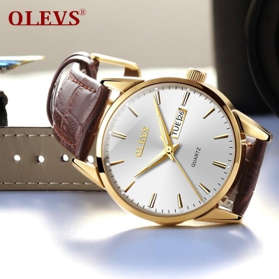 Picture of Inspired by olevs 6898 Brown PU Leather Analoge Wrist Watch For Men