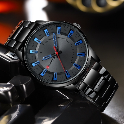 Picture of Curren 8406 Stainless Steel Men Quartz Wristwatch Watches For Men-Black Blue - Watch - Black And Blue Stainless Steel Wristwatch